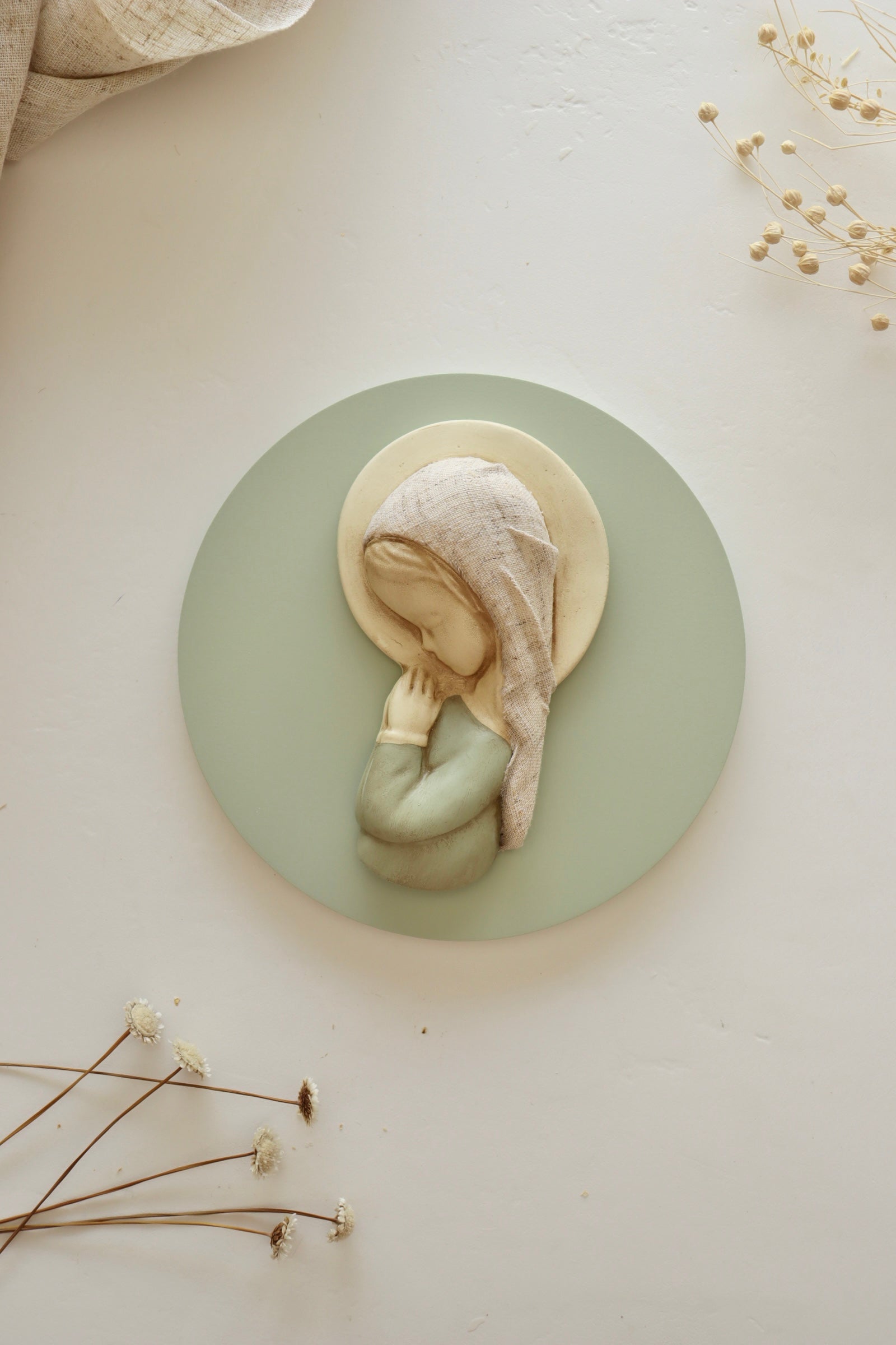 Virgen niña lino tostado verde